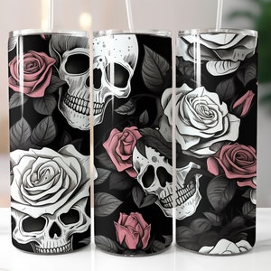 Skull and Roses Valentines Tumbler Wrap, Roses 20oz Skinny Tumbler Sublimation Design, Tumbler Wrap, Instant PNG Digital Download