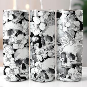 Skulls And Flower Skinny Tumbler 20oz 30oz Wrap, Mug Template 11oz Sublimation Waterslide PNG Digital Designs Download