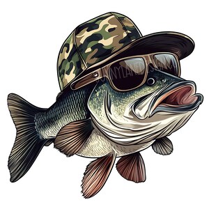 May include: A cartoon illustration of a bass fish wearing a camouflage baseball cap and sunglasses. The fish has a wide open mouth and is looking to the right.