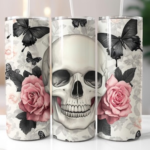 Gothic Skull & Rose Tumbler Wrap 20 oz Sublimation Tumbler Design ,9.2x8.3&quot; Straight Skinny Tumbler Wrap, Sublimation PNG, Digital Download