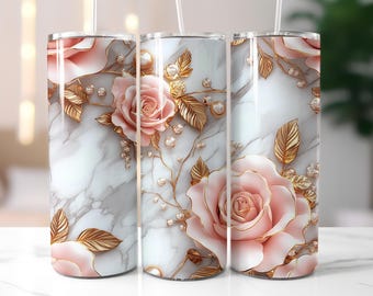 3D Flowers Tumbler Wrap, Pink Roses Tumbler png, 20oz Skinny Tumbler Sublimation Design, Instant PNG Digital Download