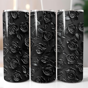 3D Flowers Tumbler Wrap, Black Roses Tumbler png, 20oz Skinny Tumbler Sublimation Design, Instant PNG Digital Download