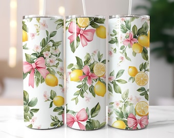 Lemon Bows 20oz Tumbler Wrap Floral Sublimation Design Coquette Tumbler Wrap Design for 20oz Skinny Rococo Tumbler PNG Wrap Download