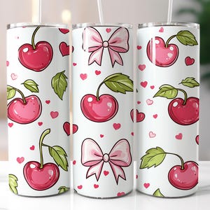 Cherry Bows 20oz Tumbler Wrap Floral Sublimation Design Coquette Tumbler Wrap Design for 20oz Skinny Rococo Tumbler PNG Wrap Download