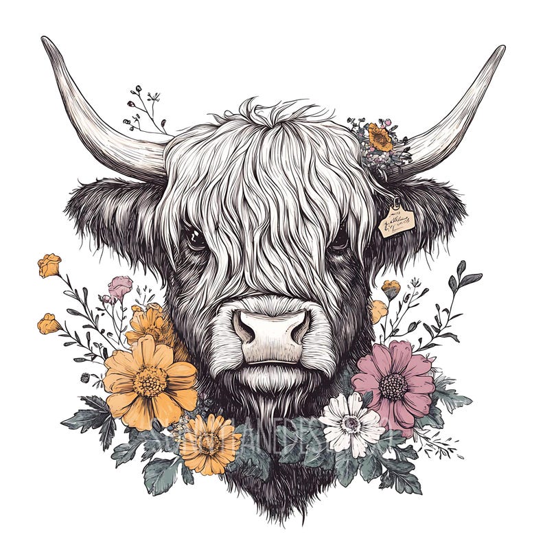 May include: A black and white illustration of a Highland cow with long, shaggy hair. The cow is surrounded by a wreath of colorful flowers, including yellow, pink, and white.