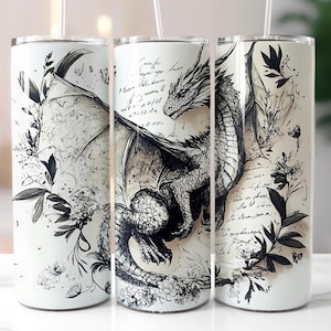 May include: Three white stainless steel tumblers featuring a black and white illustration of a dragon with floral accents and handwritten text.