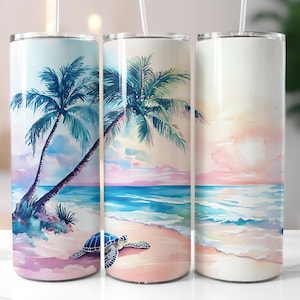 Turtle Beach Ocean 20 oz Skinny Tumbler Sublimation Design, Beach Tumbler Wrap, Ocean Tumbler Wrap, Ocean Sunset Tumbler PNG