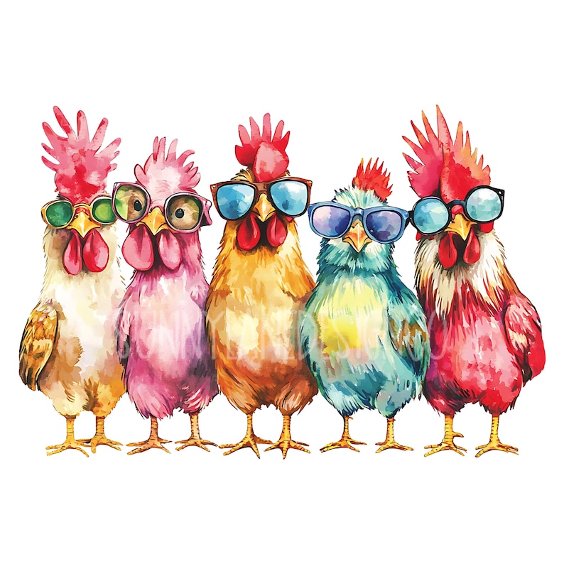 May include: Five colorful chickens wearing sunglasses. The chickens are standing in a row, facing forward. The chickens are painted in a watercolor style.