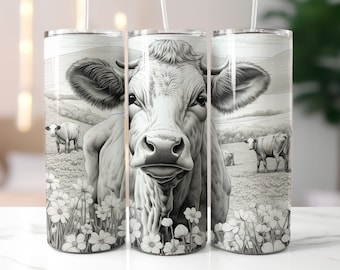 Cow Tumbler Wrap, Wildflowers 20oz Skinny Tumbler Sublimation Design, Floral Tumbler Wrap, Instant PNG Digital Download