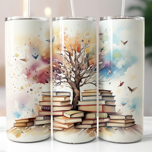 Book Lover, Stack of Books, Librarian 20oz Skinny Tumbler Sublimation Design Digital Download PNG Instant DIGITAL ONLY Straight tumbler wrap