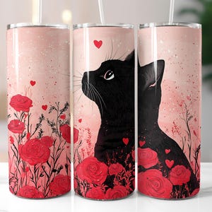 Valentine Cat Tumbler Wrap Rose Tumbler Design Black Cat Tumbler Png 20oz Skinny Tumbler Sublimation Design Seamless Digital Download