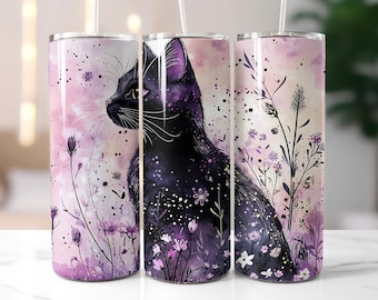 Cat Tumbler Wrap Sunflower Tumbler Design Black Cat Tumbler Png 20oz Skinny Tumbler Sublimation Design Seamless Digital Download