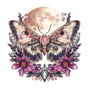 May include: A detailed illustration of a moth with open wings, featuring a full moon in the background. The moth has intricate patterns in shades of purple, pink, and cream. Purple flowers and crystals surround the moth, creating a mystical design.