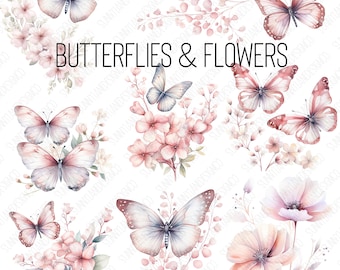 Watercolor Butterflies Floral Clipart, Butterfly Flower clipart, Floral border set, Meadow Flowers png, Wedding Clipart, Digital clipart PNG
