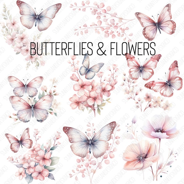 Watercolor Butterflies Floral Clipart, Butterfly Flower clipart, Floral border set, Meadow Flowers png, Wedding Clipart, Digital clipart PNG