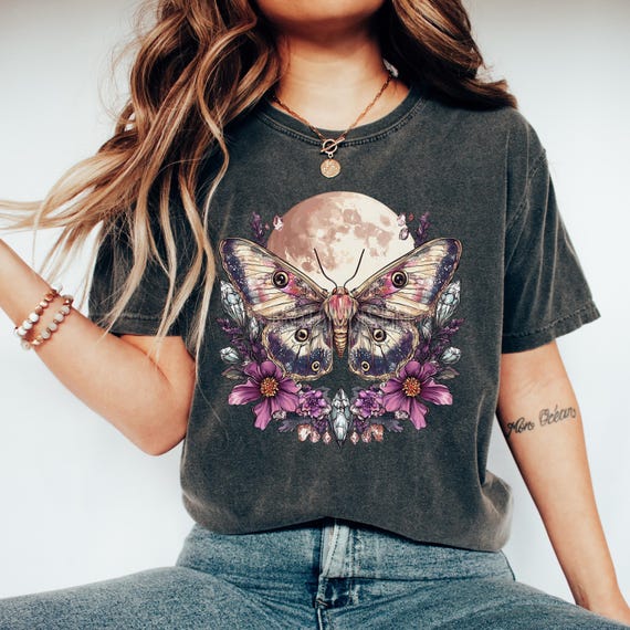 Celestial lunar moth PNG vintage moth crystals clipart cottagecore shirt boho mushroom PNG witchy aesthetic mystical moon digital Halloween