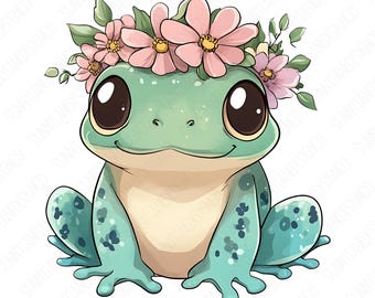 May include: A cartoon frog wearing a flower crown. The frog is green with blue spots and has large, black eyes. The flower crown is made of pink and white flowers.