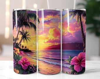 Beach Sunset 20 oz Skinny Tumbler Sublimation Design, Beach Tumbler Wrap, Ocean Tumbler Wrap, Ocean Sunset Tumbler PNG, Digital Download