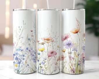 Wildflowers Tumbler Wrap, Boho Sunflower Tumbler png, 20oz Skinny Tumbler Sublimation Design, Instant PNG Digital Download