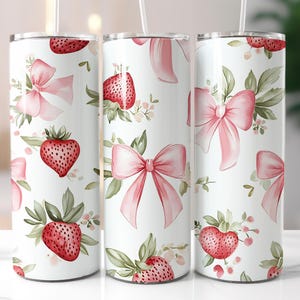 Strawberry Bows 20oz Tumbler Wrap Floral Sublimation Design Coquette Tumbler Wrap Design for 20oz Skinny Rococo Tumbler PNG Wrap Download