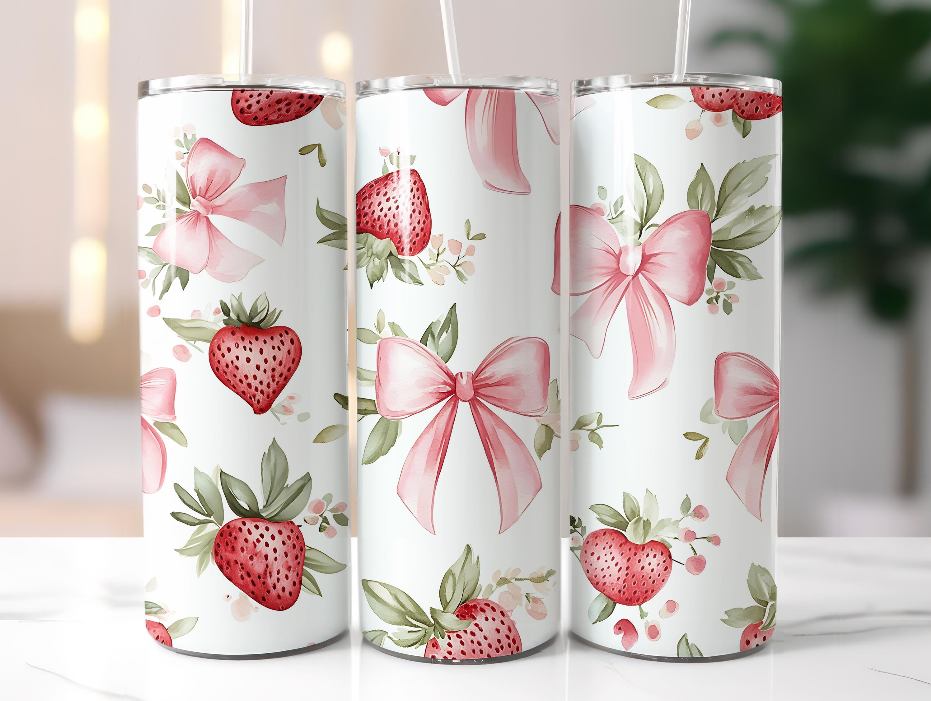 Strawberry Bows 20oz Tumbler Wrap Floral Sublimation Design Coquette Tumbler Wrap Design for 20oz Skinny Rococo Tumbler PNG Wrap Download