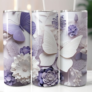 3D Purple Butterfly Flowers 20oz Skinny Tumbler Sublimation Design, Tumbler Wrap, Instant PNG Digital Download