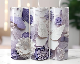 Diseño de sublimación para vaso delgado de 20 oz con diseño de mariposas moradas en 3D, envoltura para vaso, descarga digital PNG instantánea