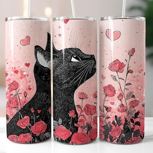 Valentine Cat Tumbler Wrap Rose Tumbler Design Black Cat Tumbler Png 20oz Skinny Tumbler Sublimation Design Seamless Digital Download