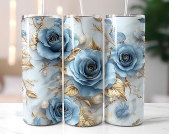 3D Flowers Tumbler Wrap, Blue Roses Tumbler png, 20oz Skinny Tumbler Sublimation Design, Instant PNG Digital Download