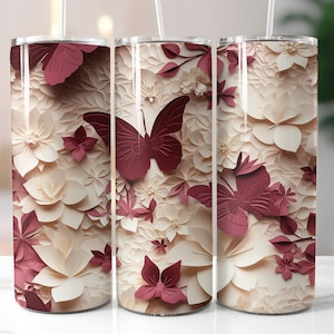 3D  Butterfly Flowers 20oz Skinny Tumbler Sublimation Design, Tumbler Wrap, Instant PNG Digital Download