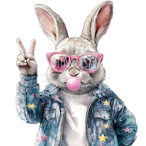 May include: A cartoon rabbit wearing pink sunglasses and a denim jacket with stars, blowing a pink bubble.