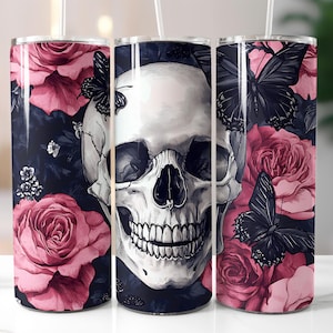 Gothic Skull & Rose Tumbler Wrap 20 oz Sublimation Tumbler Design ,9.2x8.3&quot; Straight Skinny Tumbler Wrap, Sublimation PNG, Digital Download