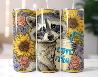 Cute But Feral Funny Raccoon 20 oz Skinny Tumbler Sublimation Design Digital Download PNG Instant DIGITAL ONLY, Tumbler Wrap