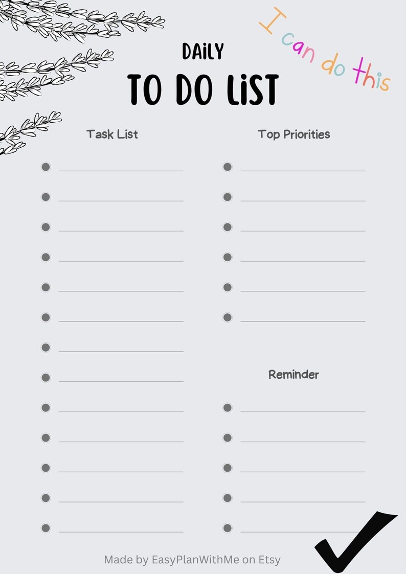 Printable Daily to Do List My Daily Task List One Page Etsy