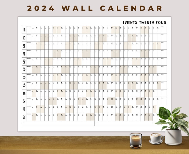Large Wall Calendar Printable 2024 Wall Calendar Birthday Etsy