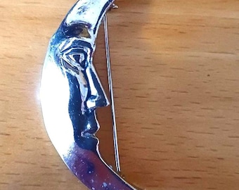 Vintage Brooch Crescent Moon with Face Silver Tone Large
