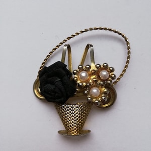 Vintage Brooch USSR Era Brass Basket with flowers synthetic pearls black rose