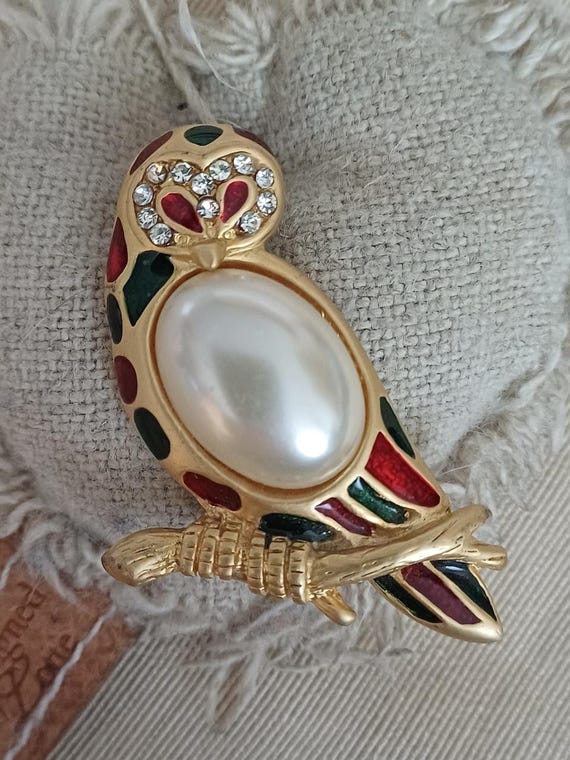 ヴィンテージ ブローチ フクロウ 鳥 パール カラフル ゴールドトーン
