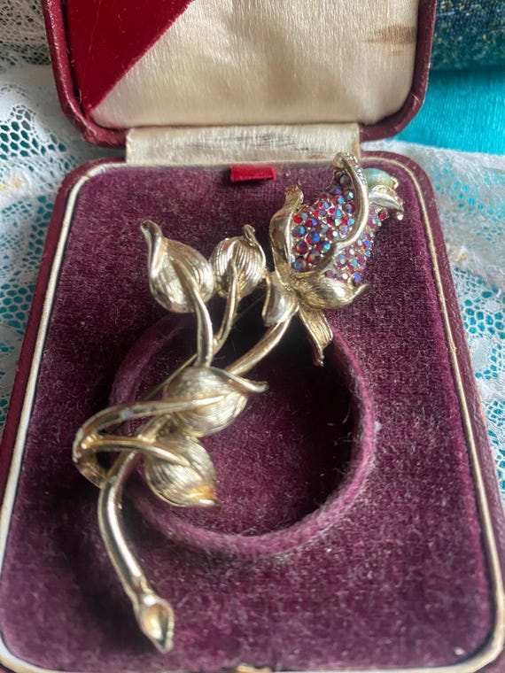 Broche Vintage Feuillage Avec Cristal Autrichien Effet Aurore Boréale - Métal Doré - Occasion