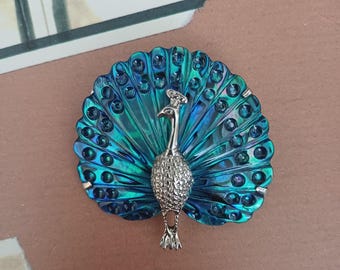 Vintage Brooch Peacock Bird 1960s Green and Blue Enamel Tone