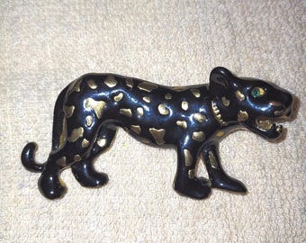 Vintage Brooch Black Panther Leopard Green Eyes