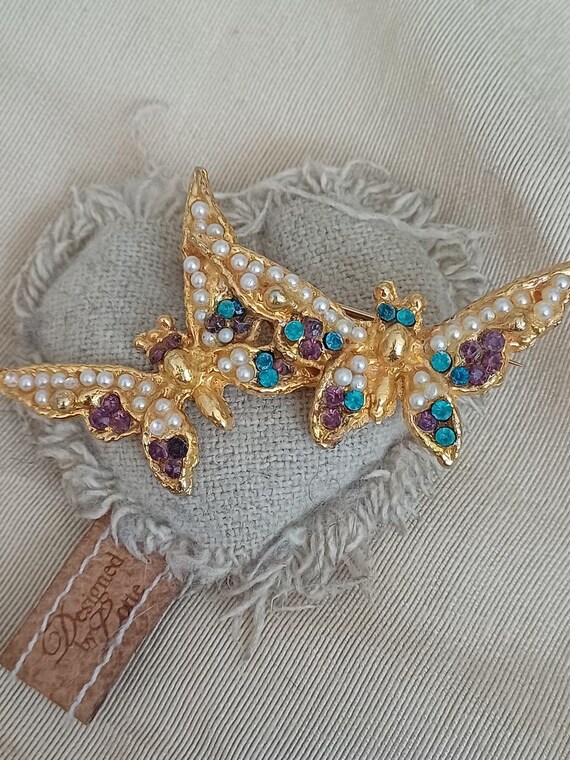 Belle Broche Vintage Papillon – Métal Doré Et émail Avec Fausses Perles – État Très Propre