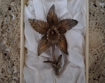 Vintage Brooch Orchid Antique Sterling Silver Flower with Box