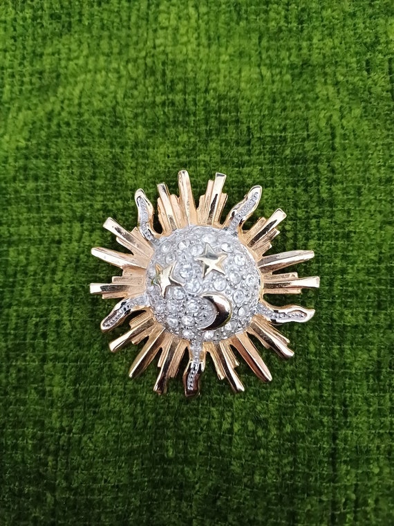 Vintage Brooch Sunflower with Stars and Moon Rhine