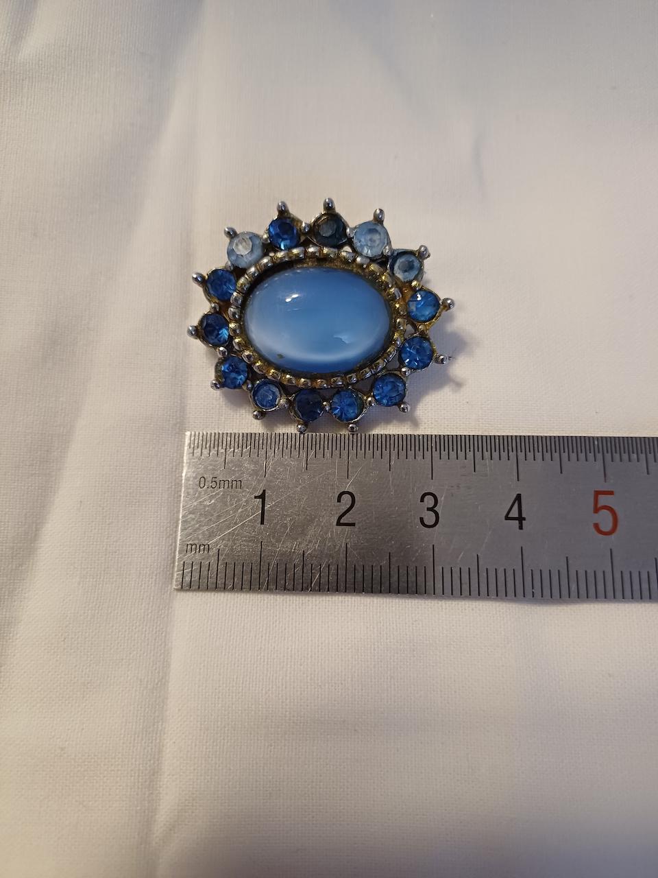 Broche Vintage République Tchèque - Pierres Bleues Simulées, Or - Longueur 2 Pouces - Occasion