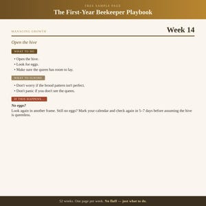 Puede incluir: Una página del libro The First-Year Beekeeper Playbook titulada Week 14, Managing Growth. Enumera instrucciones para abrir la colmena, buscar huevos y asegurar que la reina tenga espacio. Incluye secciones sobre qué ignorar y qué hacer si no hay huevos.