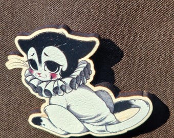 Pin de gato Pierrot triste de estilo vintage de madera con forma de esmoquin