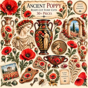 Ancient Poppy Fussy Cuts, 30+ Ready Cut Junk Journal Ephemera, Physical Paper Embellishments, Botanical Collage, Scrapbooking