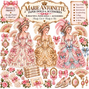 Marie-Antoinette-Papierpuppen & Accessoires – 6 vorgestanzte, detailreiche Vorlagen – Versailles-Junk-Journal-Materialien – Bastelset aus Papier