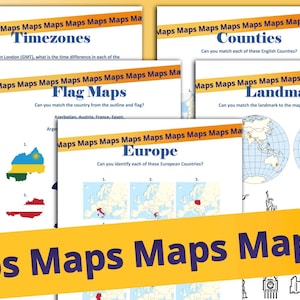 May include: A set of five colourful printable worksheets for children to learn about maps. The worksheets include time zones, counties, flag maps, landmarks, and Europe. Each worksheet has a title and instructions for the activity.